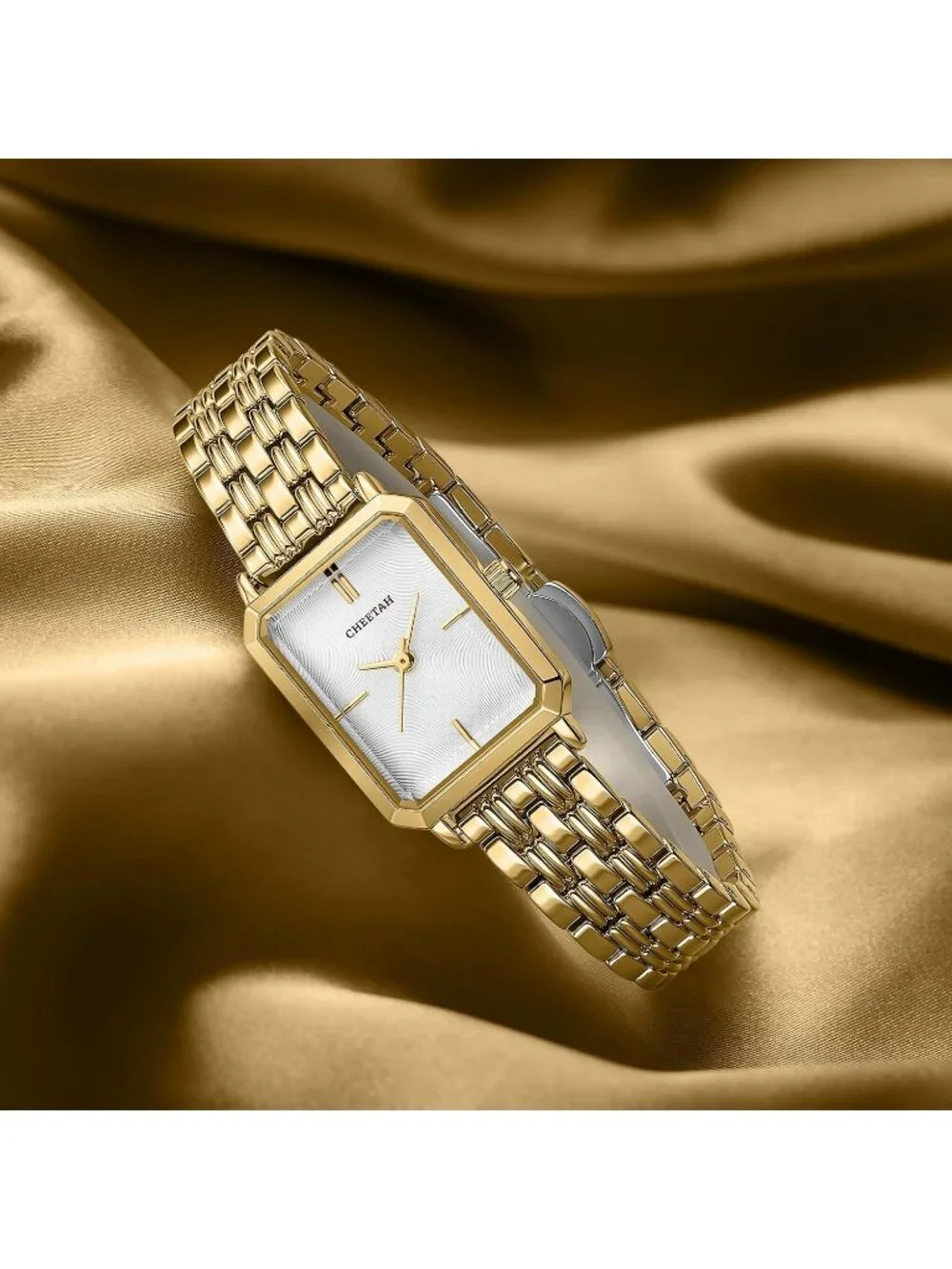 Women's Gold White Two Tone Rectangular Stainless Steel Bracelet Wrist Watch